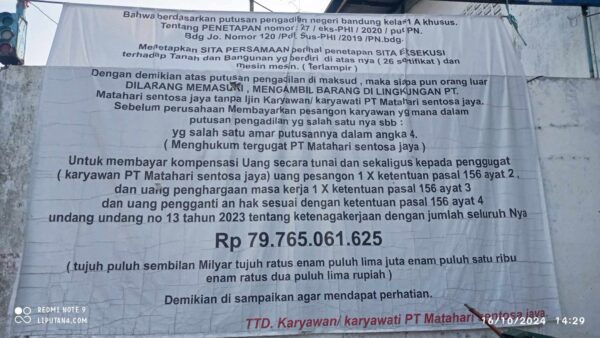 Bantah Tudingan Perampokan Aset PT. Matahari Sentosa Jaya, Karyawan Tuntut Pembayaran Pesangon Yang 6 Tahun Tidak Dibayarkan