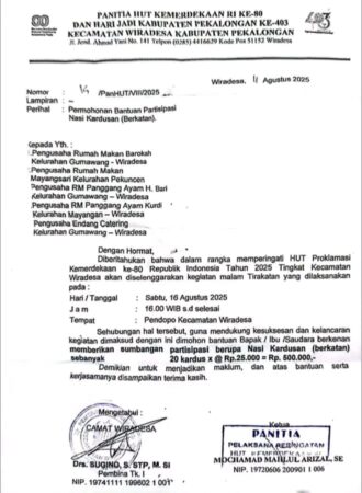 Sumbangan, Kec Wiradesa, HUT RI 80, Hari Jadi Kab Pekalongan, 20 Kardus Nasi