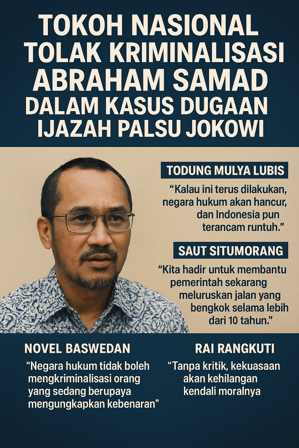 Infografis: Tokoh nasional menolak kriminalisasi Abraham Samad terkait kasus dugaan ijazah palsu Jokowi, menampilkan simbol keadilan dan warna merah putih.