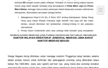 Surat resmi Imigrasi Bekasi terkait klarifikasi proses KITAS WNA Korea berinisial KD